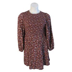 Old Navy L Burgundy Blue Floral Smocked Bodice Dress POCKETS